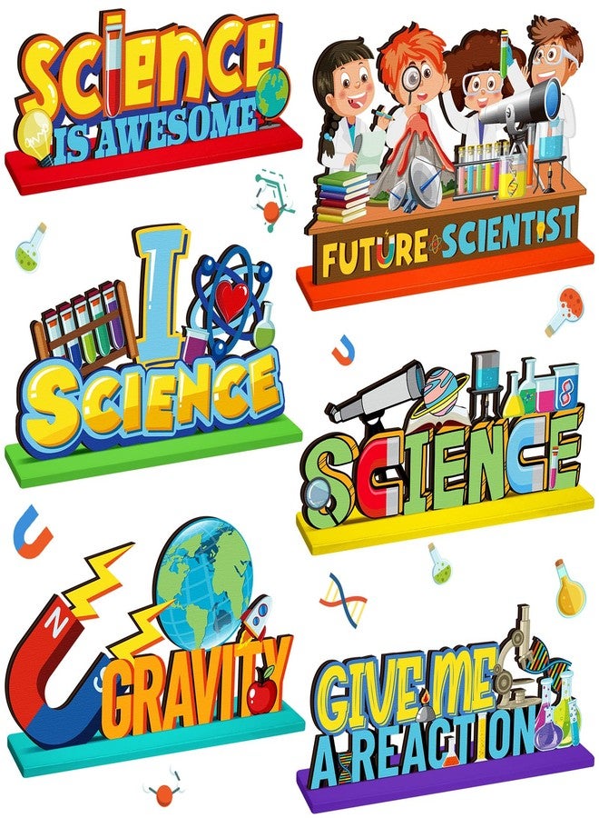 Quzzil 6 Pcs Back to School Science Party Decoration Science Theme Wooden Centerpiece First Day of School Table Toppers Lab Week Sign for Chemistry Physics Geography Biography Classroom Party Supplies - Image 1